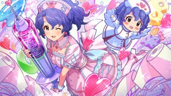 1girl blue_hair card_commentary chibi commentary_request dress game_asset hat heart high_heels holding holding_syringe idolmaster idolmaster_million_live! idolmaster_million_live!_theater_days large_syringe looking_at_viewer nurse nurse_cap official_alternate_costume official_alternate_hairstyle official_art one_eye_closed oversized_object pink_dress pink_shoes pink_socks ponytail shoes short_hair smile socks solo striped_clothes striped_socks syringe third-party_source toyokawa_fuka vertical-striped_clothes vertical-striped_socks
