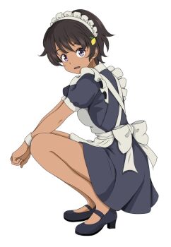 1girl black_dress black_shoes brown_hair dark-skinned_female dark_skin dress food-themed_hair_ornament full_body gogottu2000 hair_ornament lemon_hair_ornament maid make_heroine_ga_oo_sugiru! purple_eyes shoes short_sleeves simple_background squatting white_background yakishio_lemon