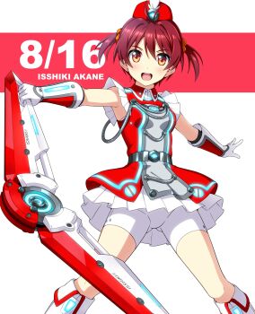 Rule 34 | 1girl, absurdres, bike shorts, boomerang, character name, dated, dress, feet out of frame, garrison cap, hat, hat feather, highres, isshiki akane, nonbe, palette suit, pleated skirt, red dress, red eyes, red hair, red hat, short hair, shorts, shorts under skirt, skirt, smile, solo, twintails, vividred operation, white dress, white footwear, white shorts