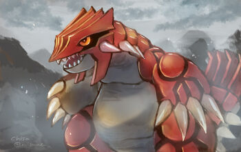 cloud commentary_request gen_3_pokemon groudon legendary_pokemon momomo12 mountain nintendo no_humans one-hour_drawing_challenge open_mouth outdoors pokemon pokemon_(creature) pokemon_focus sharp_teeth sky teeth twitter_username yellow_eyes