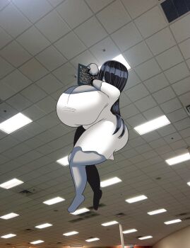 1girl barefoot black_hair breasts ceiling cleavage dress duskyer female_focus gigantic_breasts grey_skirt hanging hidden_eyes highres huge_breasts long_hair meme photo_background plump sadako_ceiling_tv_redraws_(meme) skirt solo static television the_ring thick_thighs thighs white_dress yamamura_sadako