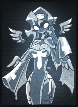 1girl breasts cleavage cowboy_shot detached_wings dogma_(the_binding_of_isaac) long_hair long_sleeves looking_at_viewer monster_girl not_your_sagittarius sleeves_past_wrists solo standing static the_binding_of_isaac thigh_strap thighhighs wings