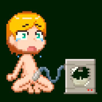 1boy animated animated_gif barefoot blonde_hair cum kneeling lowres machine male_focus moaning nude open_mouth penis penis_milking pixel_art sex_machine shota simple_background solo tears