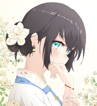 1girl absurdres aqua_eyes aqua_nails armlet arms_up bilingual_commentary black_hair blue_trim chinese_clothes covering_own_mouth dress earrings fingernails floral_print flower from_side hair_bun hair_flower hair_ornament hand_on_own_wrist highres jasmine_(flower) jewelry kulomo light_blush looking_at_viewer mixed-language_commentary nail_polish original portrait short_hair sidelocks simple_background single_hair_bun solo white_background white_dress white_flower