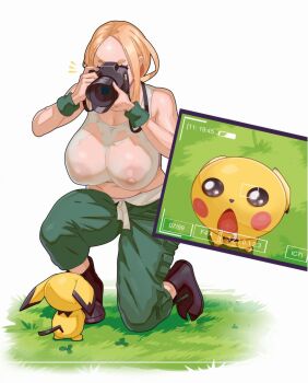 1girl black_boots blonde_hair boots breast_awe breasts camera cleavage covered_erect_nipples drooling gen_2_pokemon grass green_pants highres huge_breasts kneeling large_areolae looking_up materclaws nintendo nipples no_bra pants pichu pokemon pokemon_(creature) pokemon_xy saliva see-through_clothes see-through_shirt shirt simple_background tank_top viewfinder viola_(pokemon) wet wet_clothes white_background white_shirt wristband