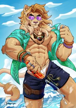 1boy abs animal_ears asumono_krom bara bead_bracelet bead_necklace beads black_shorts blue_sky bracelet bulge closed_mouth clothes_pull cloud commentary english_commentary facing_viewer fortnite furry furry_male green_shirt highres holding holding_water_gun jewelry kingston_(fortnite) lion_boy lion_ears lion_mane lion_tail male_focus male_underwear multiple_rings muscular muscular_male navel necklace ocean open_clothes open_shirt pectorals ring shirt shorts shorts_pull sky smile sunglasses tail underwear wading water_gun waves whiskers white_male_underwear