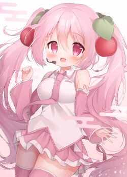 1girl absurdres blush boots breasts cherry_hair_ornament collared_shirt commentary_request detached_sleeves food-themed_hair_ornament hair_between_eyes hair_ornament hatsune_miku headset highres long_hair long_sleeves mimikkyu_(mimikyunosub) necktie open_mouth partial_commentary pink_boots pink_eyes pink_hair pink_necktie pink_skirt pink_sleeves pleated_skirt sakura_miku shirt skirt sleeveless sleeveless_shirt smile solo thigh_boots tie_clip tongue twintails very_long_hair vocaloid white_shirt