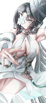 1girl azur_lane bare_shoulders black_hair breast_curtains breasts detached_sleeves dress eye_mask full_body green_eyes highres huan_ch'ang_(azur_lane) huan_ch'ang_(dance_beneath_the_moonlight)_(azur_lane) mask ornament short_hair simple_background smile wano117_wa white_background white_dress