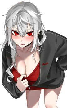 1girl black_choker black_jacket blush breasts choker cleavage clothes_pull collar_tug collarbone cross cross_print ear_piercing fang feet_out_of_frame genderswap genderswap_(mtf) hair_between_eyes hand_on_own_hip highres jacket large_breasts leaning_forward long_hair long_sleeves looking_at_viewer mizu_nizi mole mole_on_collarbone mole_under_eye nijisanji parted_lips partially_unzipped piercing pointy_ears red_eyes red_shirt sanya_(2nd_costume)_(kuzuha) sanya_(kuzuha) shirt shirt_pull sidelocks simple_background sleeves_past_wrists solo standing sweatdrop track_jacket upturned_eyes v-neck virtual_youtuber wavy_hair white_background white_hair