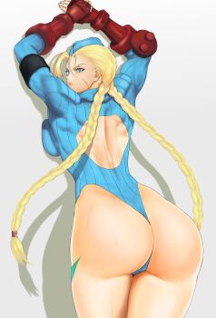 Rule 34 | 1girl, against wall, anagumasan, antenna hair, ass, blonde hair, blue eyes, braid, breast press, breasts, cammy white, capcom, from behind, garrison cap, gauntlets, hat, highres, huge ass, large breasts, leotard, long hair, looking at viewer, shadow, shiny skin, sideboob, solo, street fighter, street fighter zero, twin braids, very long hair