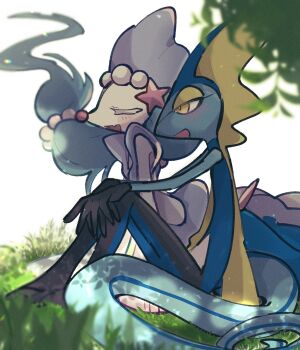 1boy 1girl :d bad_tag black_skin blue_hair blue_skin bright_pupils closed_eyes colored_eyelashes colored_skin fang fins full_body furry furry_female furry_male gem gen_7_pokemon gen_8_pokemon hair_ornament head_fins highres inteleon lizard_tail long_hair looking_to_the_side mermaid monster_girl multi-tied_hair nintendo on_grass open_mouth pearl_(gemstone) pearl_hair_ornament pokemon pokemon_(creature) primarina reptile_boy sea_lion simple_background sitting skin_fang smile snout sstoh starfish_hair_ornament tail white_background white_pupils yellow_eyes