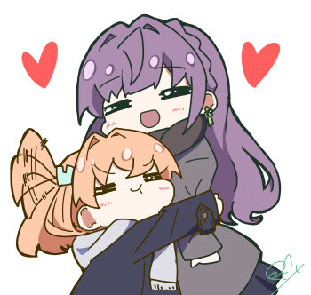 2girls :d :t =_= absurdres afterimage black_coat black_skirt braid cerise_bouquet cheek_press chibi chibi_only closed_eyes coat commentary crown_braid earrings flower_earrings grey_coat hair_ornament hair_wagging heart highres hinoshita_kaho hug jewelry link!_like!_love_live! long_hair love_live! multiple_girls oofushi_ao open_mouth orange_hair otomune_kozue otomune_kozue_(post-graduation) purple_hair rabbit_hair_ornament sidelocks signature simple_background skirt smile two_side_up virtual_youtuber white_background