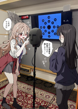 2girls absurdres akatsuki_mikoto aoi_rei binaural_microphone black_hair black_pantyhose black_socks blue_necktie blue_sweater blush brown_hair collared_shirt commentary_request flying_sweatdrops grey_skirt highres kudo_eru microphone multiple_girls necktie open_mouth original pantyhose recording_studio red_eyes school_uniform shirt skirt smile socks sparkle speech_bubble sweat sweater television translation_request white_shirt