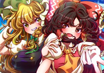 Rule 34 | 2girls, ascot, black vest, blonde hair, blush, bow, braid, breasts, brown eyes, brown hair, commentary request, detached sleeves, frilled bow, frilled hair tubes, frills, green bow, grin, hair bow, hair tubes, hakurei reimu, kirisame marisa, large breasts, long hair, looking at viewer, multiple girls, open mouth, puffy short sleeves, puffy sleeves, red bow, short sleeves, side braid, single braid, skirt, smile, touhou, tsumutsumugi, v, vest, white bow, yellow ascot, yellow eyes