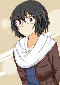 Rule 34 | 1girl, amagami, arms behind back, black hair, brown jacket, collarbone, glasses, highres, jacket, looking at viewer, nanasaki ai, saitou shouki, scarf, short hair, smile, solo, white scarf