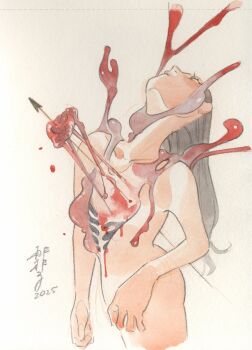 1girl black_hair bleeding blood blood_on_face blood_splatter exposed_bone exposed_muscle guro heart highres impaled injury long_hair nude organs original peach_momoko polearm ribs solo spear weapon