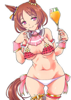 1girl alternate_costume animal_ears bare_shoulders bikini breasts brown_hair brown_tail closed_mouth commentary_request cowboy_shot cup drinking_glass flower-shaped_pupils highres holding holding_cup horse_ears horse_girl horse_tail index_finger_raised looking_at_viewer medium_breasts miki123 navel pink_eyes red_bikini sakura_laurel_(umamusume) short_hair simple_background smile solo stomach swimsuit symbol-shaped_pupils tail thigh_strap thighs umamusume white_background white_bikini