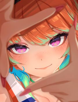 1girl close-up earrings feather_earrings feathers finger_frame highres hololive hololive_english jewelry looking_at_viewer orange_hair purple_eyes sansha_art smile solo takanashi_kiara takanashi_kiara_(1st_costume) virtual_youtuber