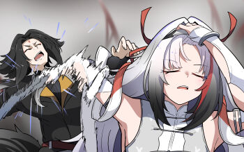 1boy 1girl animal_ear_fluff animal_ears arm_up armlet armpits bare_shoulders black_hair black_jacket black_tail brother_and_sister caseee999 china_dress chinese_clothes closed_eyes commentary_request dress droopy_ears facial_mark forehead_mark gradient_hair grey_background hairband hand_in_own_hair hand_on_own_head highres holding holding_sword holding_weapon jacket jewelry jujutsu_kaisen light_blush long_hair meme motion_blur multicolored_hair naoya_hitting_choso_without_looking_(meme) open_mouth punching qingming_sword rapid_punches red_hair scene_reference siblings silver_armlet sword weapon white_dress white_hair white_hairband ye_shiyuan ye_shunguang zenless_zone_zero