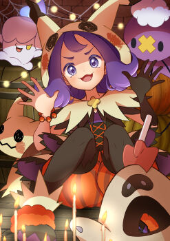 Rule 34 | 1girl, :d, absurdres, acerola (fall 2020) (pokemon), acerola (pokemon), bead bracelet, beads, blush, bracelet, capelet, commentary request, drifloon, gen 4 pokemon, gen 5 pokemon, gen 7 pokemon, gloves, halloween, hands up, highres, hood, hood up, hooded capelet, jewelry, litwick, mimikyu, nintendo, official alternate costume, open mouth, orange shorts, pantyhose, pokemon, pokemon (creature), pokemon masters ex, purple eyes, purple hair, refisa, sandygast, shorts, single glove, sitting, smile, striped clothes, striped shorts, tongue, vertical-striped clothes, vertical-striped shorts, yellow capelet