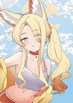1girl absurdres animal_ear_fluff animal_ears blonde_hair blue_archive blush breasts choker closed_mouth collarbone comiket_106 eyes_visible_through_hair fox_ears fox_girl hair_over_one_eye halo highres jacket looking_at_viewer medium_breasts navel orange_shorts pink_eyes red_choker renfuu seia_(blue_archive) shirt shorts sleeveless sleeveless_shirt solo stomach sweat white_shirt yellow_halo yellow_jacket
