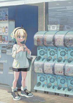 1girl absurdres amano_pikamee aqua_eyes aqua_hair basket black_shoes black_shorts blonde_hair bright_pupils collared_shirt colored_inner_hair commentary convenience_store gashapon highres kyo_mizusawa licking_lips long_sleeves looking_down multicolored_hair off-shoulder_shirt off_shoulder outdoors shirt shoes shop short_hair shorts socks solo standing tongue tongue_out v-shaped_eyebrows vending_machine virtual_youtuber voms white_pupils white_shirt white_socks