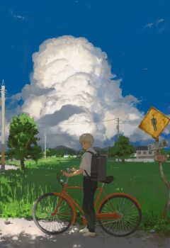 1boy absurdres backpack bag belt bicycle black_bag black_belt black_pants cloud collared_shirt cumulonimbus_cloud grass hashtag-only_commentary highres hikaru_ga_shinda_natsu house indou_hikaru male_focus null_(skev7724) pants power_lines pushing_bicycle shirt shirt_tucked_in shoes short_eyebrows short_hair short_sleeves sky solo standing tree utility_pole white_hair white_shirt white_shoes