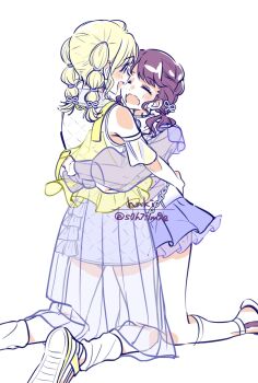 Rule 34 | 2girls, bare shoulders, black hair, blonde hair, closed eyes, commentary request, fangs, fukumaru koito, highres, hug, ichikawa hinana, idolmaster, idolmaster shiny colors, kneeling, layered skirt, limited palette, low twintails, miniskirt, monochrome, multiple girls, open mouth, s0h7i1m9e, see-through clothes, see-through skirt, see-through sleeves, skin fangs, skirt, twintails, white background