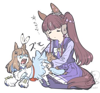 1girl almond_eye_(umamusume) animal animal_ears animalization blue_eyes blunt_bangs bow bow_hairband bowtie breasts brown_hair closed_mouth clothed_animal colored_inner_hair ear_covers ear_ornament fangs hair_between_eyes hair_ornament hairband hairclip highres horse_ears horse_girl horse_tail long_hair lucky_lilac_(umamusume) multicolored_hair open_mouth purple_sailor_collar purple_serafuku purple_shirt purple_skirt purple_thighhighs recursive_animalization sailor_collar sailor_shirt school_uniform serafuku sharp_teeth shirt side_ponytail sitting skirt starish tail takatsuki_nato teeth thighhighs tongue tracen_school_uniform umamusume wariza white_background white_bow white_bowtie