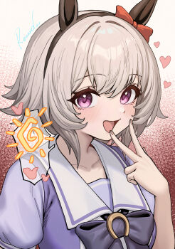 1girl absurdres animal_ears blush bow bowtie commentary_request curren_chan_(umamusume) ear_bow ear_covers grey_hair heart highres horse_ears horse_girl horseshoe_ornament looking_at_viewer open_mouth pleated_skirt puffy_short_sleeves puffy_sleeves purple_bow purple_bowtie purple_eyes purple_shirt red_bow renard_(pixiv_13710050) school_uniform shirt short_hair short_sleeves skirt smile solo spoken_sun tracen_school_uniform umamusume upper_body w w_over_mouth white_skirt