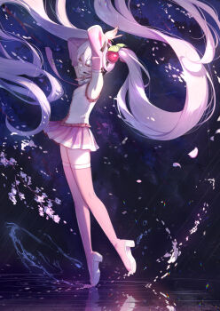 1girl absurdly_long_hair amechamm armpits arms_up bare_shoulders between_legs blush boots breasts cherry_blossoms cherry_hair_ornament closed_eyes collarbone collared_shirt commentary_request detached_sleeves falling_flower food-themed_hair_ornament full_body hair_between_eyes hair_ornament hand_between_legs hatsune_miku headset highres long_hair long_sleeves necktie parted_lips pink_hair pink_nails pink_necktie pink_skirt pink_trim sakura_miku shirt sitting skirt sleeveless sleeveless_shirt small_breasts thick_thighs thigh_boots thighhighs thighs twintails very_long_hair vocaloid wariza wide_sleeves zettai_ryouiki