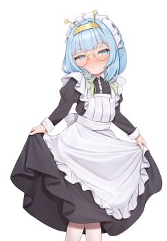 1girl absurdres apron black_dress blue_eyes blue_hair blush closed_mouth commentary dress english_commentary glasses gradient_hair green_hair hairband highres jelly_hoshiumi long_sleeves maid maid_headdress multicolored_hair phase_connect round_eyewear shadow sleepypudding solo star_(symbol) virtual_youtuber white_apron white_background yellow_hairband