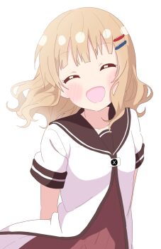 1girl :d ^_^ absurdres arm_behind_back blunt_bangs blush brown_hair brown_sailor_collar child closed_eyes commentary_request cowboy_shot facing_viewer floating_hair hair_ornament hairclip happy highres medium_hair nanamori_school_uniform oomuro_sakurako open_mouth parallel_hairclips sailor_collar sailor_shirt school_uniform serafuku shirt short_sleeves simple_background smile solo user_vrjz3558 white_background white_shirt yuruyuri