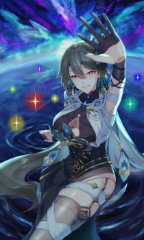 1girl absurdres arm_up artist_logo artist_name asymmetrical_clothes black_bodysuit black_gloves black_thighhighs bodysuit breasts cleavage cleavage_cutout clothing_cutout commentary_request earrings feet_out_of_frame gloves grey_hair hair_between_eyes hair_ornament half_gloves hand_rest highres honkai_(series) honkai_impact_3rd jewelry large_breasts logo long_hair red_eyes rekodayo13 signature single_half_glove single_pantsleg single_thighhigh sitting smile solo space thighhighs very_long_hair vita_(honkai_impact) vita_(lone_planetfarer)_(honkai_impact) yellow_pupils