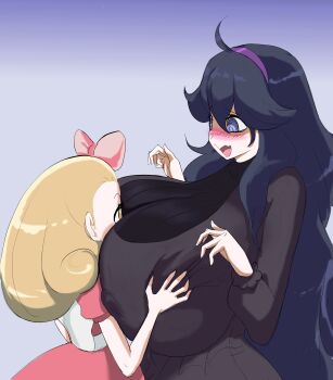 2girls @_@ absurdres between_breasts black_dress black_hair blonde_hair blush boobs_bigger_than_head breast_envy breasts curly_hair dress face_between_breasts fairy_tale_girl_(pokemon) grabbing_another&#039;s_breast groping hair_ribbon head_between_breasts headband height_difference hex_maniac_(pokemon) highres multiple_girls nintendo pink_dress pokemon pokemon_xy purple_eyes ribbon siblings sisters yellow_eyes