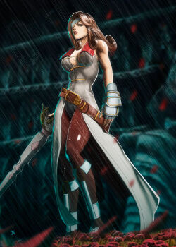 1girl beatrix belt breasts brown_eyes brown_hair cleavage eyepatch female_focus final_fantasy final_fantasy_ix gloves long_hair pantyhose rain save_the_queen solo sword weapon wet wet_hair