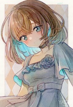 Rule 34 | 1girl, argyle background, black choker, blue dress, blue eyes, blue hair, blush, border, breasts, brown background, brown hair, choker, closed mouth, collarbone, colored inner hair, commentary request, dress, highres, looking at viewer, multicolored hair, original, outside border, painting (medium), short hair, short sleeves, signature, small breasts, solo, square neckline, traditional media, upper body, watercolor (medium), white border, yachi waki