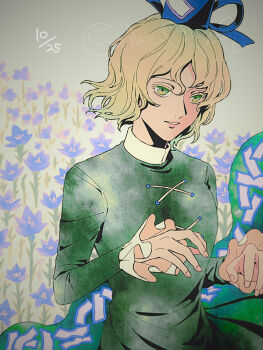 1girl black_hat black_ribbon blue_flower dated dress field fingernails flower flower_field frills green_background green_dress green_eyes green_hair hair_between_eyes hands_up hat hat_ribbon highres juliet_sleeves lips long_sleeves looking_at_viewer ofuda ofuda_on_clothes puffy_sleeves raya_(uk_0128) ribbon short_hair soga_no_tojiko solo tate_eboshi teeth touhou twitter_username upper_body