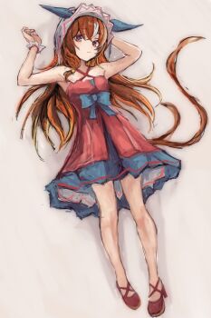 1girl animal_ears bare_shoulders breasts brown_hair closed_mouth commentary_request dress ear_covers hair_between_eyes horse_ears horse_girl horse_tail long_hair looking_at_viewer red_dress red_eyes shoes simple_background sleeveless sleeveless_dress small_breasts solo still_in_love_(scarlet_vow_raiment)_(umamusume) still_in_love_(umamusume) tail umamusume veil white_streaks white_veil yanagi_wakana