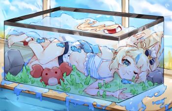Rule 34 | 1girl, ;3, against glass, ahoge, algae, animal ear fluff, animal ears, barefoot, bikini, bikini under clothes, blonde hair, blue bikini, blue bow, blue eyes, blue hair, blue shorts, blunt bangs, bow, dot nose, feet, fins, fish, fish girl, fish tail, fish tank, hair bow, highres, holding breath, indie virtual youtuber, kaniki (sameko saba), lifebuoy anklet, lifebuoy hair ornament, long hair, lying, ma draws, midriff, multicolored hair, navel, on side, one eye closed, paper boat, rock, sameko saba, shorts, side-tie bikini bottom, streaked hair, striped bikini, striped clothes, swimsuit, tail, toes, very long hair, virtual youtuber, white shorts