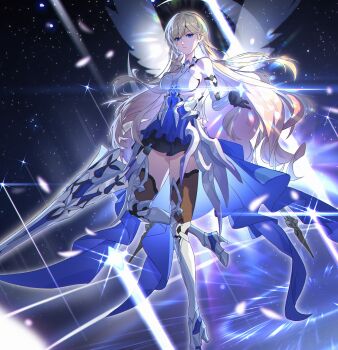 1girl absurdres armor armored_dress artist_request black_gloves black_thighhighs blonde_hair blue_dress blue_eyes boots breasts commentary_request commission dress durandal_(bright_knight:_excelsis)_(honkai_impact) durandal_(honkai_impact) gloves highres holding holding_polearm holding_weapon honkai_(series) honkai_impact_3rd long_hair medium_breasts polearm sky solo star_(sky) starry_sky thighhighs thighs very_long_hair weapon white_boots zettai_ryouiki