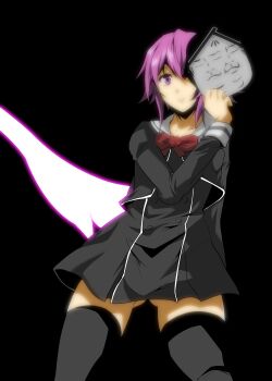 1girl absurdres anime_coloring bibi_(coffe) black_background black_thighhighs chaos;child cropped_jacket from_below gluteal_fold hekiho_academy_school_uniform highres holding_sticker long_sleeves looking_at_viewer onoe_serika pink_eyes pink_hair sailor_collar school_uniform science_adventure short_hair short_hair_with_long_locks sidelocks solo sumo_sticker_(chaos;child) thighhighs white_sailor_collar zettai_ryouiki