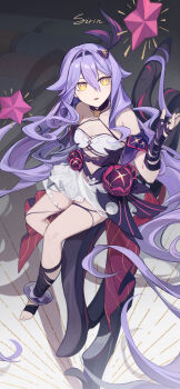1girl absurdres bare_shoulders black_hairband breasts character_name commentary_request full_body hair_between_eyes hairband hand_up highres honkai_(series) honkai_impact_3rd long_hair minonext parted_lips purple_hair sirin sitting small_breasts solo very_long_hair yellow_eyes