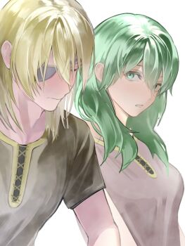 Rule 34 | 1boy, 1girl, black shirt, blonde hair, blush, breasts, closed mouth, commentary request, dimitri alexandre blaiddyd, dimitri alexandre blaiddyd (timeskip), embarrassed, eyepatch, female byleth (awakened) (fire emblem), female byleth (fire emblem), fire emblem, fire emblem: three houses, green eyes, green hair, grey shirt, hair between eyes, highres, looking at another, looking to the side, medium breasts, medium hair, nintendo, official alternate eye color, official alternate hair color, parted lips, shirt, short hair, short sleeves, ujiji0401