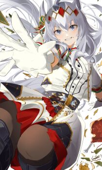 1girl ahoge animal_ears blue_eyes blush bow bowtie brown_pantyhose center_frills chicken_(food) chicken_leg commentary food frills gloves grey_hair grin hair_ornament highres horse_ears horse_girl horse_tail jacket long_hair looking_at_viewer multicolored_bow multicolored_bowtie multicolored_ribbon official_alternate_costume oguri_cap_(ashen_miracle)_(umamusume) oguri_cap_(umamusume) open_mouth pantyhose raacos reaching reaching_towards_viewer ribbon shirt short_sleeves skirt smile solo tail teeth turkey_(food) umamusume white_gloves white_jacket white_shirt white_skirt