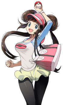 1girl :d absurdres black_pantyhose blue_eyes brown_hair donut_hair_bun double_bun eudetenis hair_bun highres holding holding_poke_ball long_hair looking_at_viewer nintendo open_mouth pantyhose pantyhose_under_shorts pink_bag poke_ball poke_ball_(basic) poke_ball_print pokemon pokemon_bw2 raglan_sleeves rosa_(pokemon) shorts smile twintails visor_cap white_background yellow_shorts
