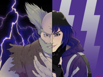 1boy 1girl black_and_purple_hair brown_eyes grandfather_and_granddaughter highres lightning mishima_heihachi namco nannan_rep purple_eyes reina_(tekken) tekken tekken_1 tekken_2 tekken_3 tekken_4 tekken_5_(dark_resurrection) tekken_6_(bloodline_rebellion) tekken_7 tekken_7_redraw_challenge tekken_8 tekken_blood_vengeance tekken_tag_tournament tekken_tag_tournament_2 white_hair