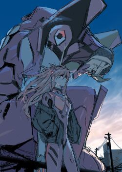 1girl bodysuit brown_hair closed_mouth cloud commentary_request cowboy_shot dawn eva_02 evangelion:_3.0+1.0_thrice_upon_a_time evangelion_(mecha) expressionless eyepatch floating_hair grey_jacket hair_between_eyes hand_in_pocket highres initial_e jacket long_hair looking_ahead mecha mecha_pilot_suit morning neon_genesis_evangelion pale_color plugsuit_(evangelion) rebuild_of_evangelion robot sketch solo souryuu_asuka_langley utility_pole wind