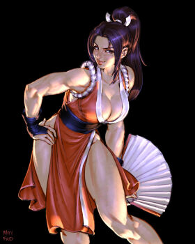 1girl black_hair breasts cleavage dark_background fatal_fury hand_fan hand_on_own_hip large_breasts lips long_hair maxfwd ninja pelvic_curtain ponytail shiranui_mai sleeveless the_king_of_fighters