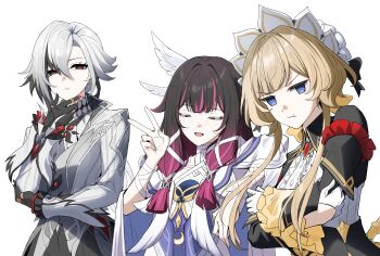 &gt;:( 3girls :d :t absurdres arlecchino_(genshin_impact) asiri_senpai black_hair closed_eyes columbina_(genshin_impact) commission commissioner_upload crossed_arms genshin_impact hair_ornament hand_on_own_chin hand_up highres jacket long_sleeves looking_at_another looking_at_viewer multicolored_hair multiple_girls non-web_source open_mouth purple_hair sandrone_(genshin_impact) simple_background smile streaked_hair upper_body v v-shaped_eyebrows white_background white_hair wing_hair_ornament